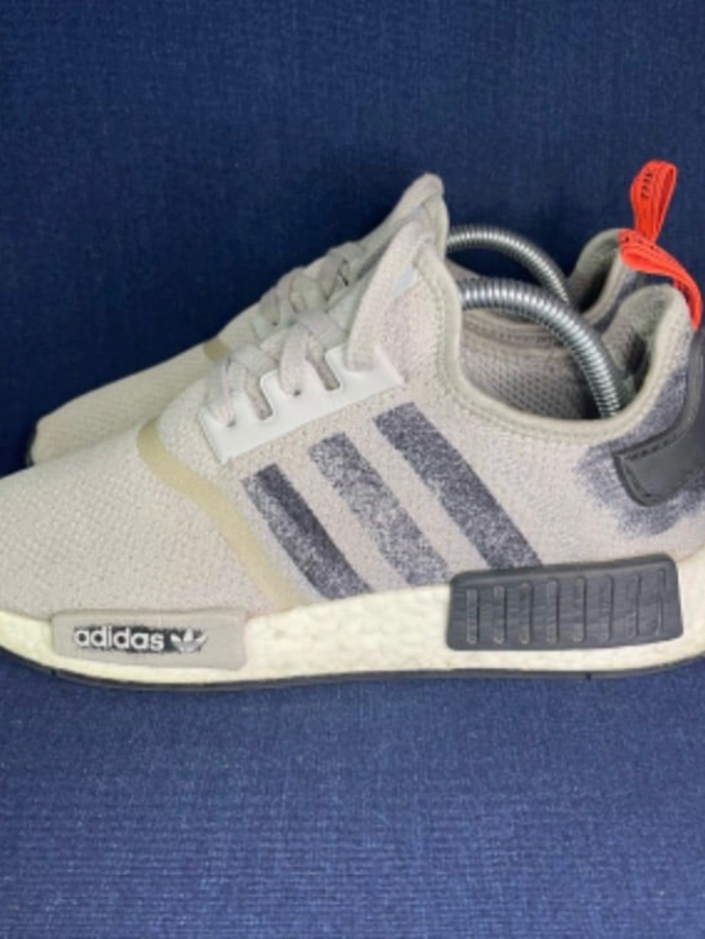 adidas Gray Knit Sneakers with Dark Gray Stripes and Orange Heel Loop